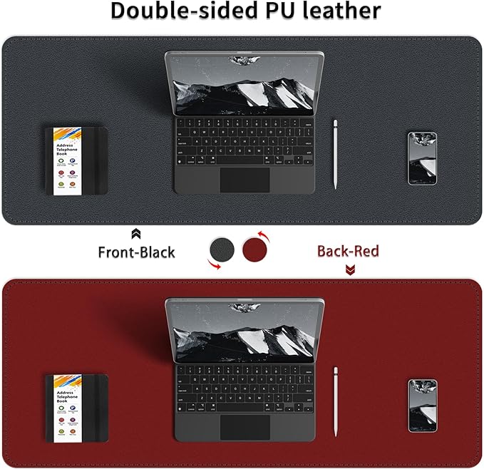 Bleswin Double-Sided Desk Mat, 23.6''×13.8'', PU Leather Mouse Pad, Waterproof Desk Pad, Laptop Leather Desk Mat, Protector for Keyboard and Mouse for Office and Home (Red+Black)