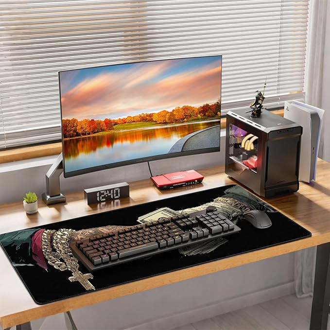 Extended Gaming Mousepad with Cross and Dollar Bill Designs, 35.4 x 15.7 inches, Featuring a Non-Slip Base and Waterproof Surface, Suitable for Home Office and Work environments.