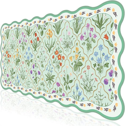 L-SPOUTTO Green Mouse Pad,Botanical Desk Mat XXL Large Scalloped Gaming Mousepad,35.4x15.7in Non-Slip Rubber Base Keyboard Pad Waterproof Desktop Mat for Laptop Computer Game Home Office-Flowers