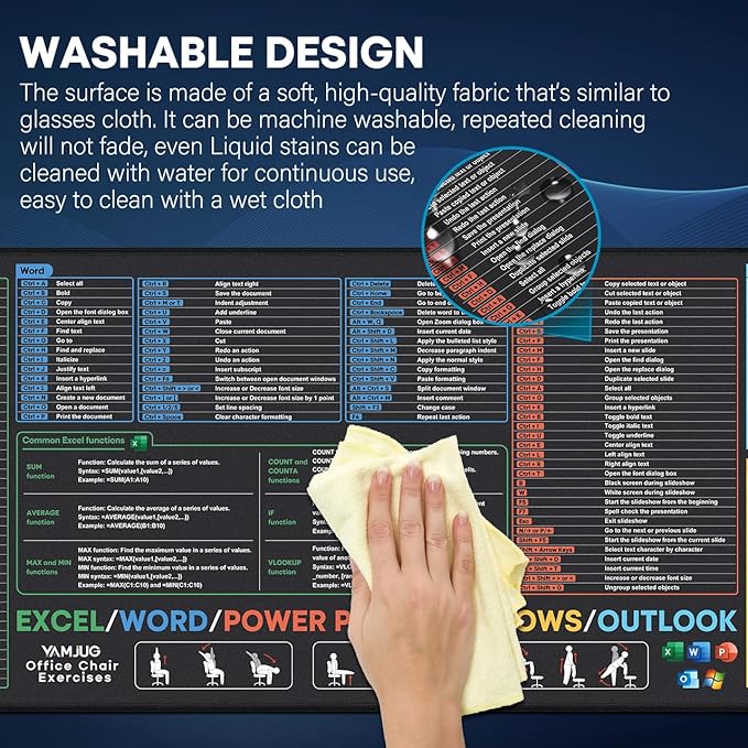 Excel/Word/PowerPoint/Windows/Outlook Cheat Sheet Desk Pad, Large Gaming Office pc Desk mat with Non-Slip Stitched Edge (31.5 x 11.8 inch)