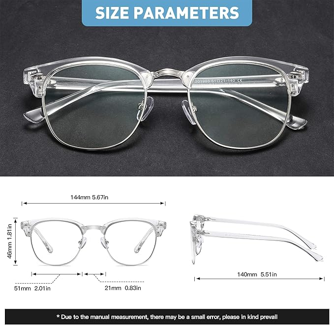 Blue Light Blocking Glasses Vintage Half Frame UV Clear Lens Anti Eyestrain Computer Gaming Glasses for Women Men(P53)