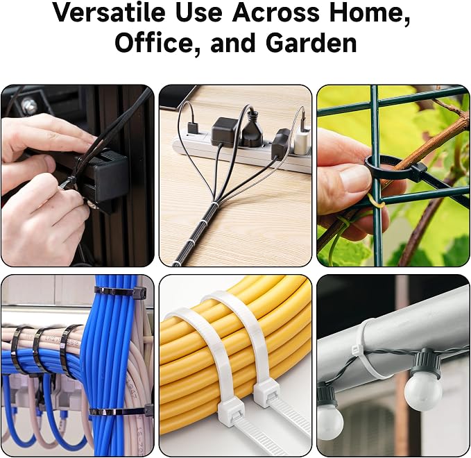 Cable Matters 200-Pack Cable Ties for Indoor and Outdoor, 6, 8, 12-Inch Self-Locking Nylon Zip Ties Assorted Sizes, Tie Wraps for Multiple Use, Self Locking Zipties, in Black and White - Image 3