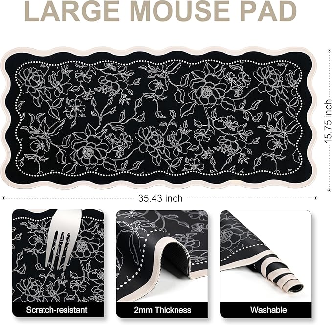 L-SPOUTTO Vintage Floral Mouse Pad,Aesthetic Scalloped Desk Mat XXL Large Gaming Mousepad,35.4x15.7in Non-Slip Keyboard Pad Waterproof Desktop Mat for Laptop Computer Work Game Home Office-Black