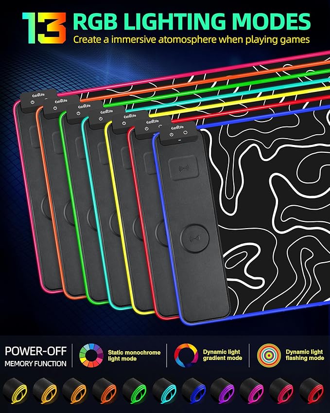 Wireless Charging Mouse Pad, RGB Gaming Mousepad, 31.5"x15.7" Extra Large Desk Pad, 13 Light Modes, Non-Slip Base, Waterproof Computer Keyboard Mat for MacBook, PC, Laptop, Black Topographic Line