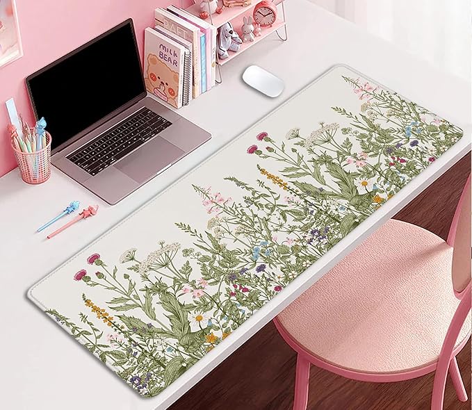 Flower Mouse Pad - Large, Abstract White, Floral Texture, Keyboard Mat, Gaming | 27.5x11.8 in