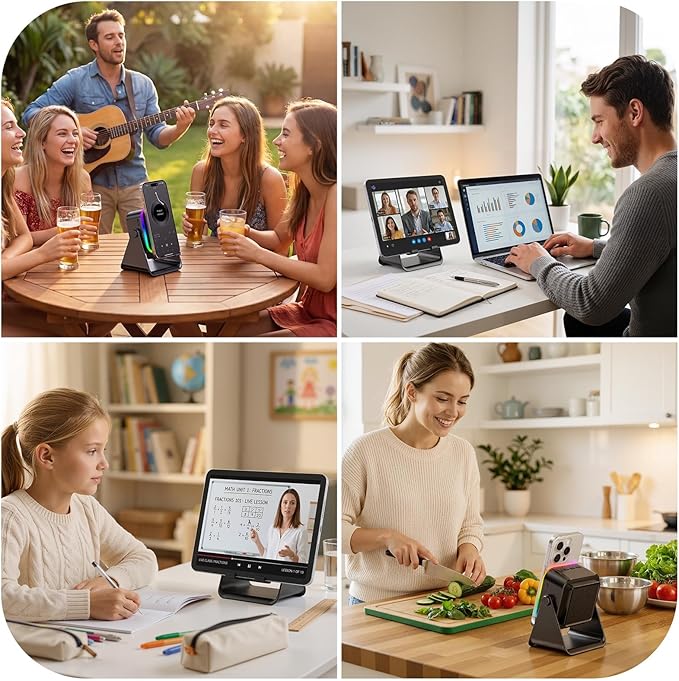TARKARI Wireless Induction Speaker, 5 in 1 Bluetooth Speaker with Phone Stand, Charging Function 360° Rotation Phone Holder Compatible with iPhone Android iPad Samsung, Birthday Gifts for Men Women