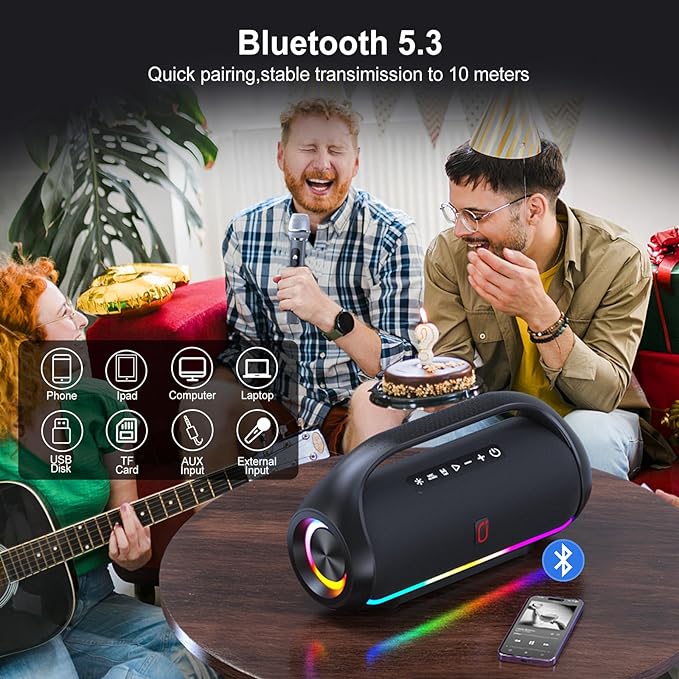 Bluetooth Speaker, IPX5 Waterproof Portable Bluetooth Speaker with Powerful Bass & LED Lights, BT5.3, Wireless Stereo Pairing for Home Party, Beach, Outdoor Camping, Support USB/TF Card/AUX/TWS