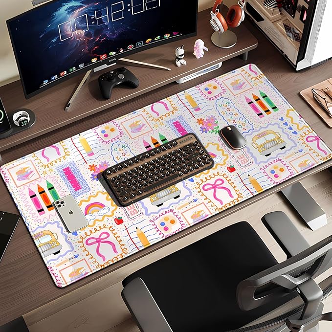 Pink Cute Desk Mat 31.5''X15.7'' Teacher Desk Pad Large Mouse Pad Teacher Appreciation Gift Back to School Extended Gaming Mousepad XXL Keyboard Mouse Mat for Computer Laptop Classroom Decor