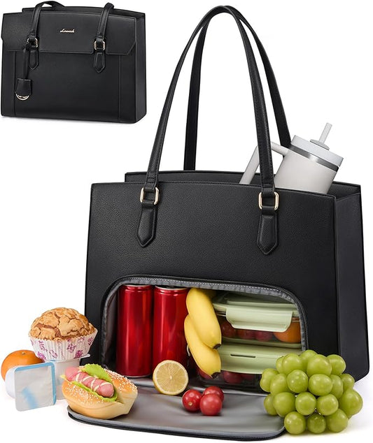 LOVEVOOK Lunch Tote Bag for Women, 15.6 Inch Laptop Work Bag with Insulated Lunch Compartment, Large Capacity Computer Handbag with Cup Holder for Business, Nurse, Teacher, Mommy