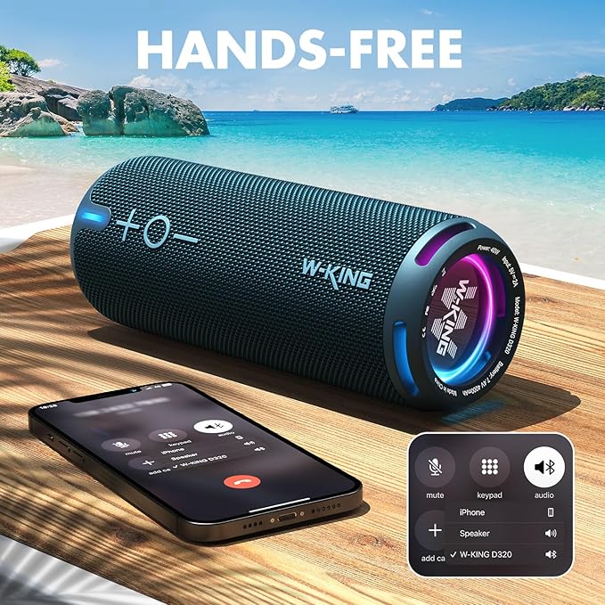 W-KING Portable Bluetooth Speakers Loud, IPX7 Waterproof Outdoor Speakers Wireless, APP Customized EQ, Dual Voice Coil/Deep Bass, 360° Sound with Lights/V5.3/TF/AUX, 40W Party Boombox Shower Speaker