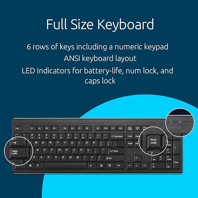 Kensington KB150 EQ Wireless Keyboard, Full Size, 2.4GHz Wireless Connection, Spill-Proof, 104-key, Black (K75561NA)