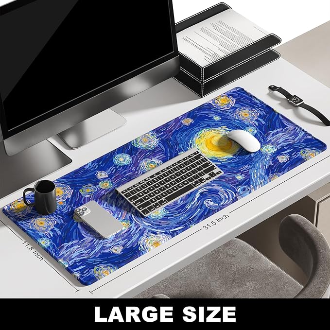 BOSOBO Large Mouse Pad, Desk Pad, XXL XL Extended Gaming Mouse Pad, Desk Mat for Office & Home, Long Keyboard Mat, Huge Mouse Pad, Desktop Full Cover 31.5 x 11.8 Inches, Van Gogh Starry Night