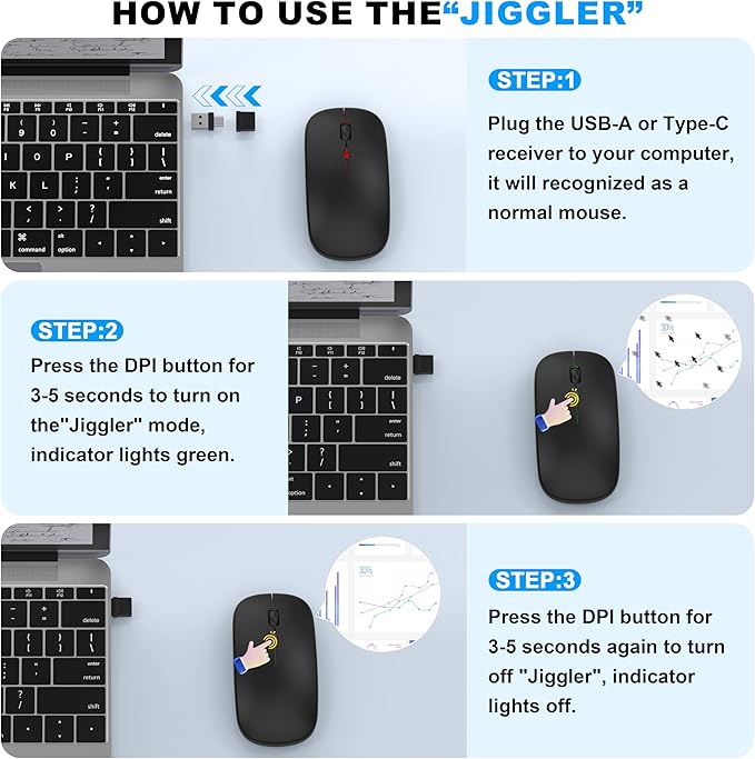 Bluetooth LED Wireless Mouse for MacBook Air iPad Pro Mac Laptop PC - Slim RGB Wireless Mouse, 3 Mode BT 5.2 & 2.4G USB-A/Type-C Connectivity Portable Mice with Jiggler Mode, Matte Black