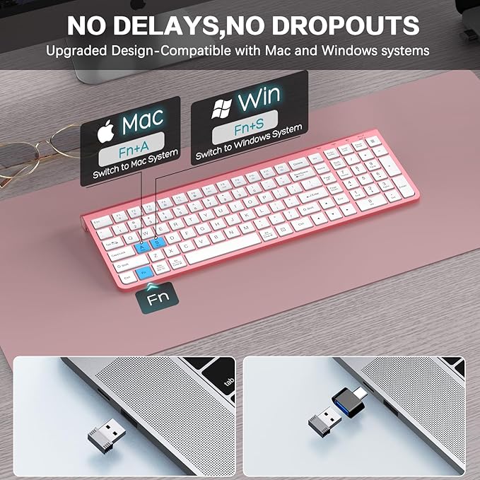 JOYACCESS Pink Wireless Keyboard,USB & Type C 2-in-1 Receiver, Full-Sized Ergonomic Computer Keyboard with Cover,Compatible with Windows/Mac/PC/Laptop