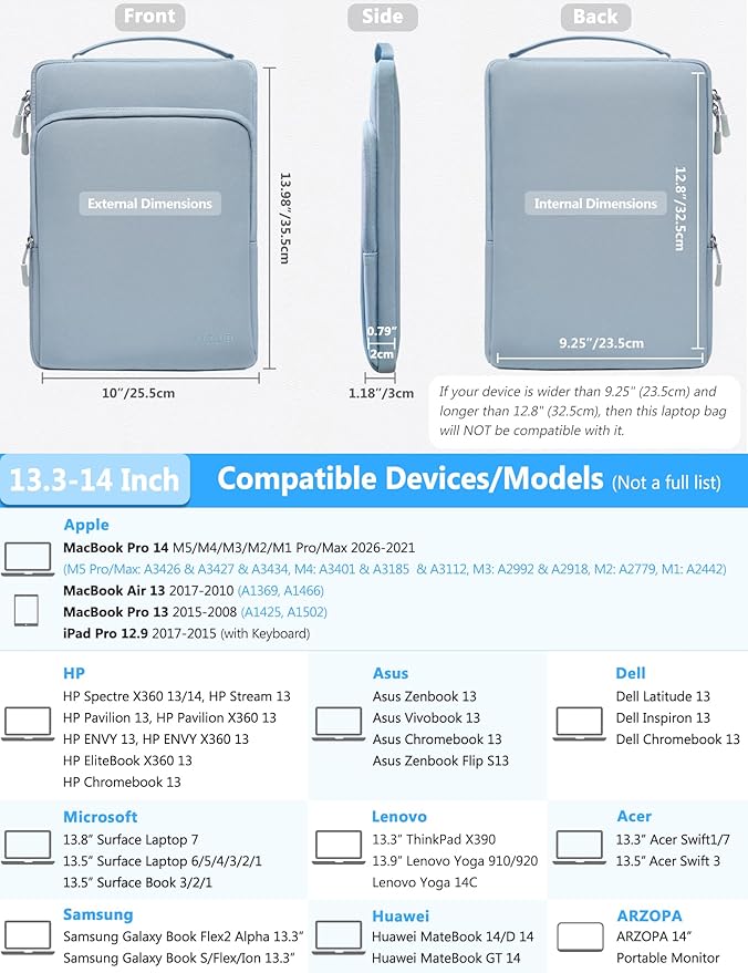HYZUO 13.3-14 Inch Laptop Bag Sleeve for MacBook Pro 14 M5 M4 M3 M2 M1 Pro/Max A3426 A3427 2026-2021, MacBook Air/Pro 13.3, 13.8"-13.5" Surface Laptop/Book, Notebook Case for 13" Dell HP, Pale Blue