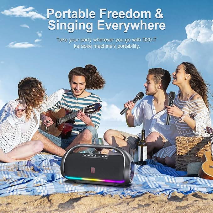 Portable Bluetooth Speaker with 2 Wireless Microphones, IPX5 Waterproof Speakers with Deep Bass & LED Lights, Loud Stereo Portable Speaker for Outdoor Indoor Home Parties Hiking Camping