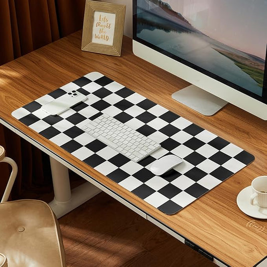 Checkered Desk Mat, 31.5" x 15.7" Large Cute Black White Aesthetic Retro Accessoires, PU Leather Computer Laptop Desk Mat Mouse Keyboard Pad, Desk Writing Makeup Mat for Vanity/Work/Home Decor