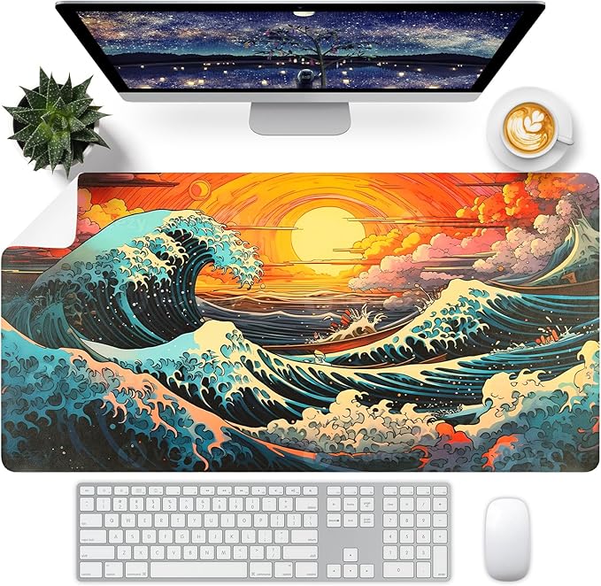 Japanese Sea Wave Desk Pad, Desk Matt for Desktop, Leather Mouse Pad, Waterproof Keyboard Mat, Non-Slip Computer Mat, Keyboard and Mouse Pad for Office Decor (31.5"x15.7")