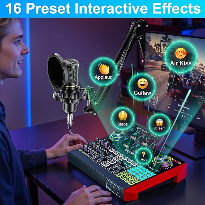 Podcast Microphone Bundle with Live Sound Card Audio Mixer, Podcast Equipment Bundle with 3.5mm Boom Mic for Pc/Phone Live Streaming Singing Gaming, Sound Board with Voice Changer, Denoise