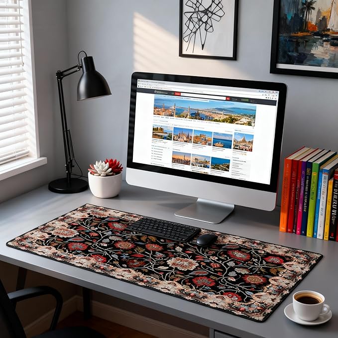Floral XXL Large Desk Pad Mat - Anti-Slip Stitched Edges Mouse Pad for Women, Office & Home, Extra Big Computer Keyboard Mat for Desktop, Cute Aesthetic Office Supplies & Desk Decor
