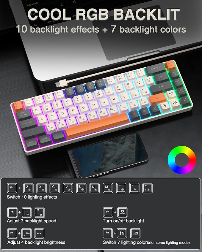 60 Percent Keyboard,RGB Backlit Gaming Keyboard USB-C Wired,Portable 68 Keys Compact Mini Keyboards for Business Trips,Office,PC Games (SK968,Grey&Orange)