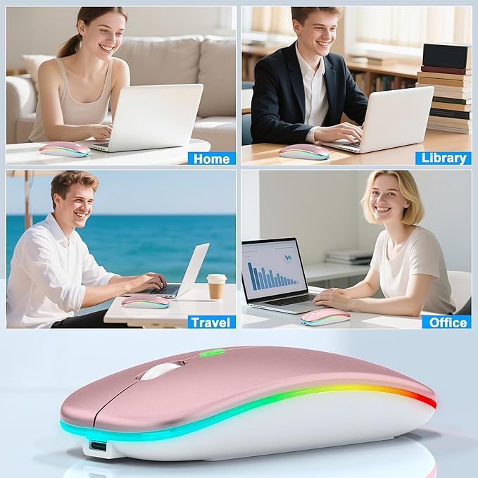 Mouse for MacBook, LED Bluetooth Wireless Mouse for MacBook Air Mac Pro iPad Laptop, Silent RGB Mice, 3 Mode BT 5.2 & 2.4G USB-A/USB-C Receiver Slim Portable Mice with Jiggler Mode, Rose Gold