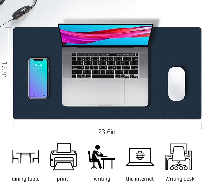 Desk Mat Large Protector Pad For Home, Office - Smooth Surface Soft Multifunctional Dual-Sided Desk Mouse Pad For Desktop, Waterproof, PU Leather (Dark Blue, 23.6" x 13.7")