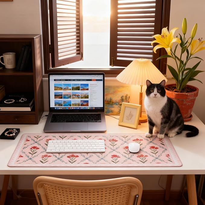 Pink Floral XXL Desk Mat - Extra Large Anti-Slip Mouse Pad with Stitched Edges for Women, Office & Home, Computer Keyboard Mat for Desk, Cute Aesthetic Office Supplies & Decor for Women
