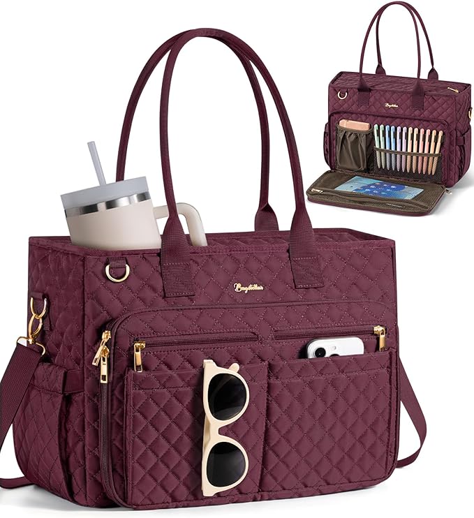 Bagstellar Teacher Bags for Women, 15.6 inch Laptop Work Tote Bag Quilted Nurse Bible Computer Shoulder Bag for School Travel | Dream Tote Work Bag, with 40oz Cup Holder, Insulated Pocket, Zipper & Strap, Office Briefcase, Ideal Gift for Women