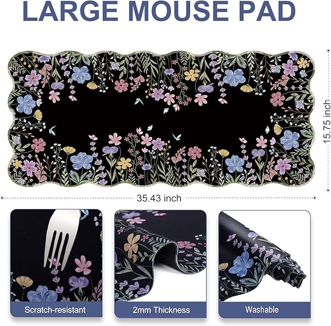 L-SPOUTTO Floral Mouse Pad,Botanical Desk Mat XXL Large Scalloped Black Gaming Mousepad,35.4x15.7in Non-Slip Rubber Base Keyboard Pad Waterproof Desktop Mat for Laptop Computer Game Home Office-Flower