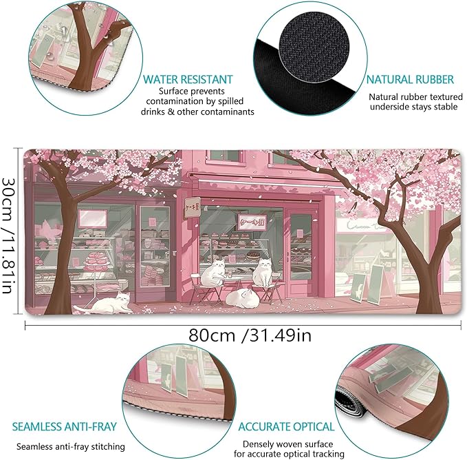Cat Mouse Pad Large Desk Mat, Pink Cherry Blossom Computer Mousepad with Stitched Edges Non-Slip, Keyboard Mouse Pad for Desktop Cute Office Desk Accessories Japanese Dessert House 31.5in
