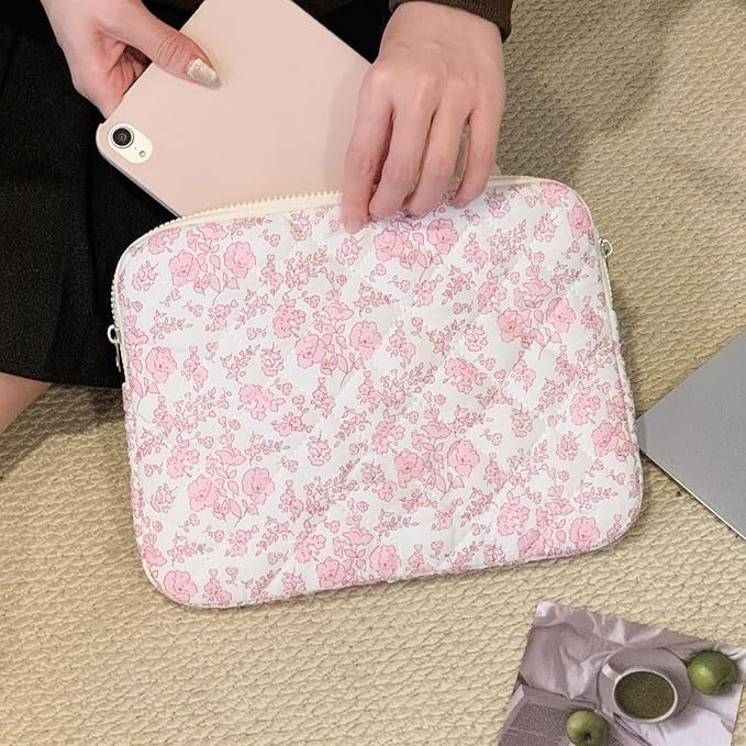 Puffy Laptop Sleeve 13 Inch Cute Quilted Laptop Protective Case Padded Floral Computer Sleeve for MacBook (B-Pink Floral, 13 Inch)