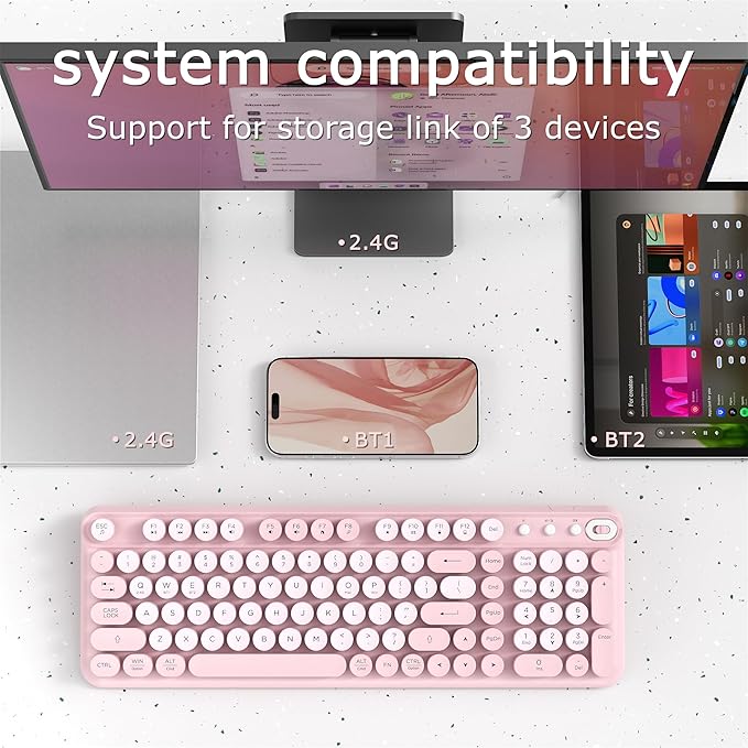 Wireless Bluetooth Keyboard - Full Size Retro Round Typewriter Style Wireless Keyboard with 2.4GHz & Bluetooth Dual-Mode Compatibility for PC, Laptop, Windows, Mac, and More (Pink)