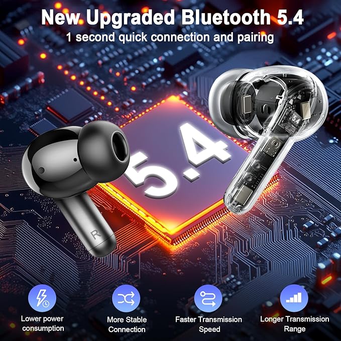 Wireless Earbuds, 2026 3D-Stereo Bluetooth 5.4 Headphones Deep Bass Ear Bud, 4 ENC Noise Cancelling Mic, 40+Hrs USB-C Earphones, IP-X7 Waterproof Headset for Sport Workout Gym Laptop Pad Android iOS