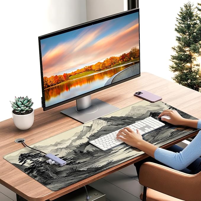 35.4 x 15.7 Inches Chinese Ink Painting Mountain Landscape Gaming Mouse Pad, XXLExtended Desk Mat with Non-Slip Rubber Base