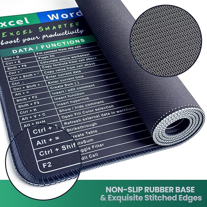 Excel Cheat Sheet Desk Pad, 31.5" x 11.8" Large Shortcuts Mouse Pad, Excel/Word/Power Point Computer Mat, Non-Slip Keyboard Shortcut and XL Gaming Desk Mat for Office Computer