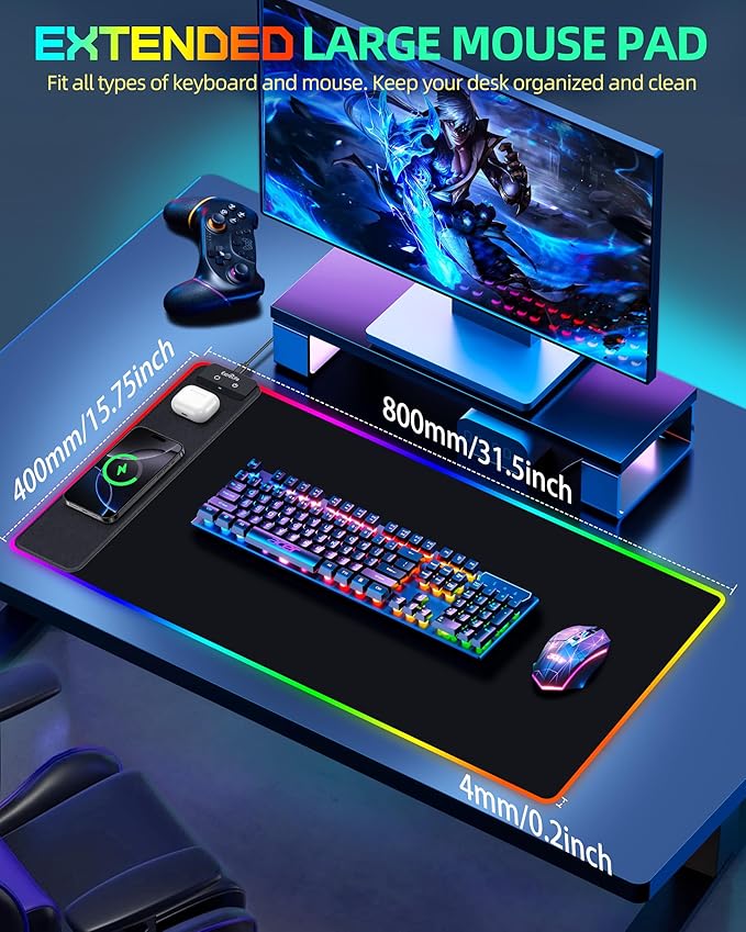Wireless Charging Mouse Pad, RGB Gaming Mousepad, 31.5"x15.7" Extra Large Desk Pad, 13 Light Modes, Ultra-Smooth Surface, Non-Slip Base, Waterproof Computer Keyboard Mat for MacBook, PC, Laptop, Black