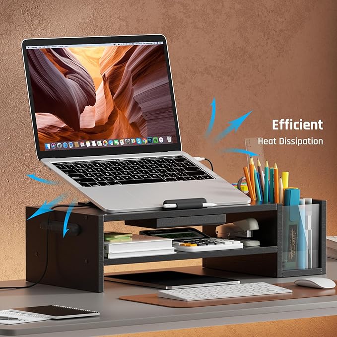 AFOOYO Adjustable Wood Laptop Stand, Ergonomic Height & Angle Computer Riser with Pen Holder – Compatible with MacBook Air/Pro, Dell, HP, Lenovo & 10-17.3" Notebooks – Black