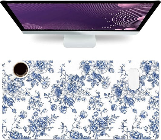 Large Mouse Pad, Chinoiserie Blue Floral Desk Mat for Desktop, Women Girls Flowers PU Leather Waterproof Desk Pad, Computer PC Laptop Protector Gaming Mouse Pads for School Office Home (31.5" x 15.7")