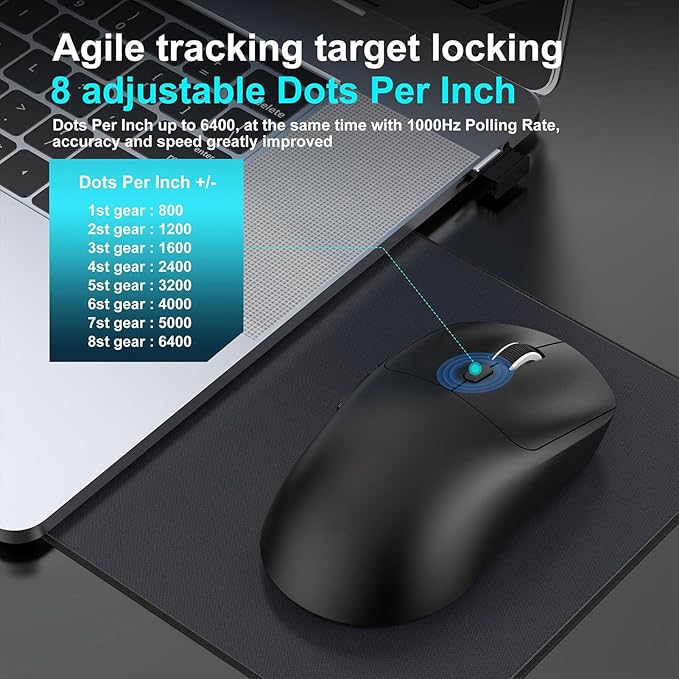 GOWENIC Wireless Gaming Mouse, 6400 DPI 3-Mode Gaming Mouse, 2.4G Wired 6 Keys Ergonomic Design for Desktop Laptop (T30 Black)