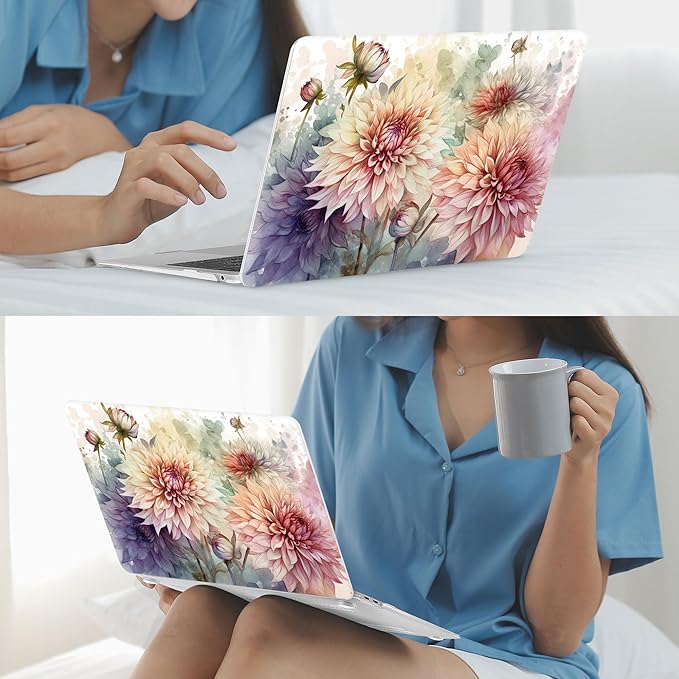 Mektron Case for MacBook Air 13 inch M1 A2337 A2179 A1932,Hard Cover 2018-2021 Air 13-inch with Touch ID, Exclusively Designed Protective Shell with Keyboard Skin+Screen Protector,Watercolor Dahlias
