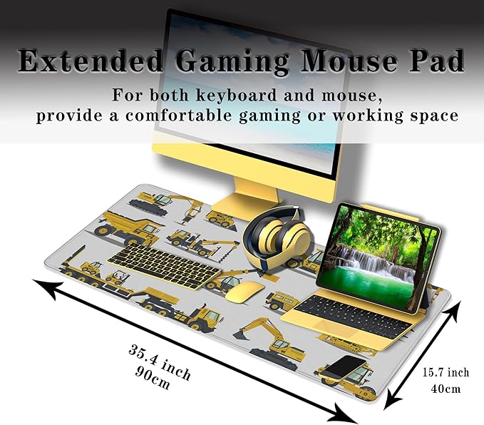 Big Mouse Pad Yellow, Keyboard Mouse Pads Computer Mats, Big Gaming Mouse Pad Waterproof Non-Slip Rubber Base, 35.4 X 15.7 inch for Work/Game/Office/Home Large Construction Equipment