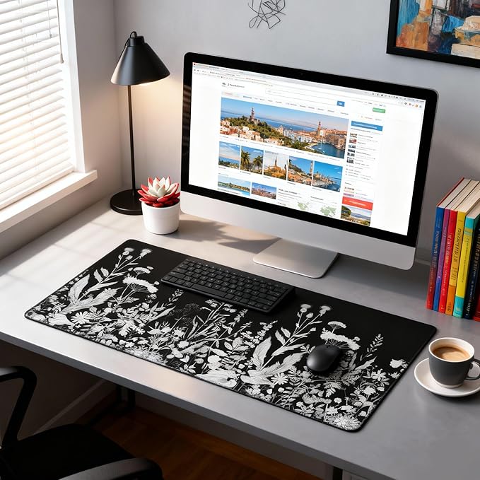 Large Floral Mouse Pad for Women, Black White XXL Desk Mat with Anti-Slip & Stitched Edges, Aesthetic Desk Pad for Keyboard and Mouse, Cute Office Supplies & Home Decor for Computer Desktop