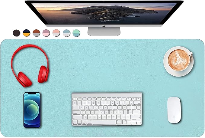 Dual Sided PU Leather Desk Pad, Mouse Pad, Office Desk Mat, Non-Slip Laptop Desk Pad, Waterproof Desk Writing Pad for Office and Home (31.5" x 15.7", Light Blue+Sliver)