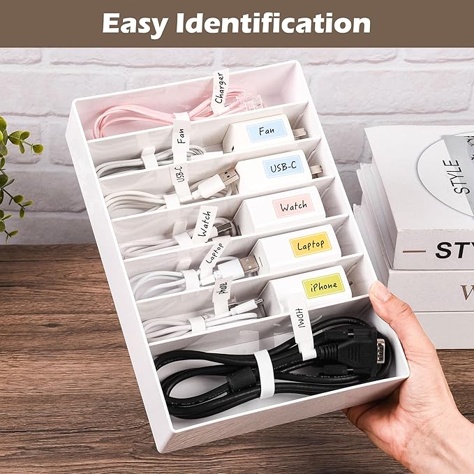 Cable Organizer Box with Wire Ties and Labels, Charger Cable Cord Storage Organizer with Adjustable Compartments, Desk Accessories Storage for Home, Office, Stackable（2Pcs）