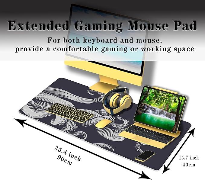 Game Mat Black Gaming Mouse Pad Extra Large Mouse Pads Computer Desk Accessories for Men Computer Mats Mousepad XXL Non-Slip Rubber Base 35.4 X 15.7 for Game Office, Octopus