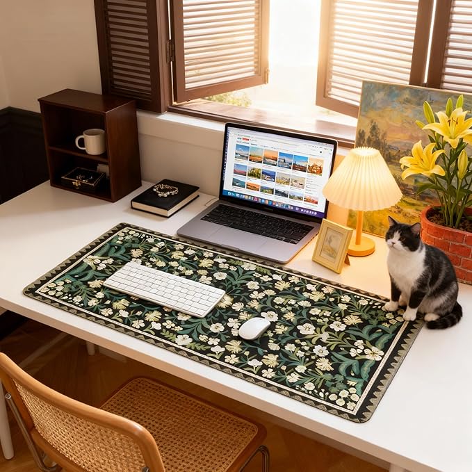 Floral Dark Green XXL Desk Pad - Extra Large Anti-Slip Mouse Pad with Stitched Edges for Computer, Keyboard & Office | Aesthetic Desk Mat for Women, Home Office Decor & Supplies