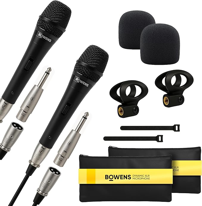Bowens Dynamic Microphone 2-Pack – Wired Handheld XLR Mics with 15ft Cables, Professional Vocal Microphones for Singing, Karaoke, Podcasting, PA Systems, and Studio Recording Microfono