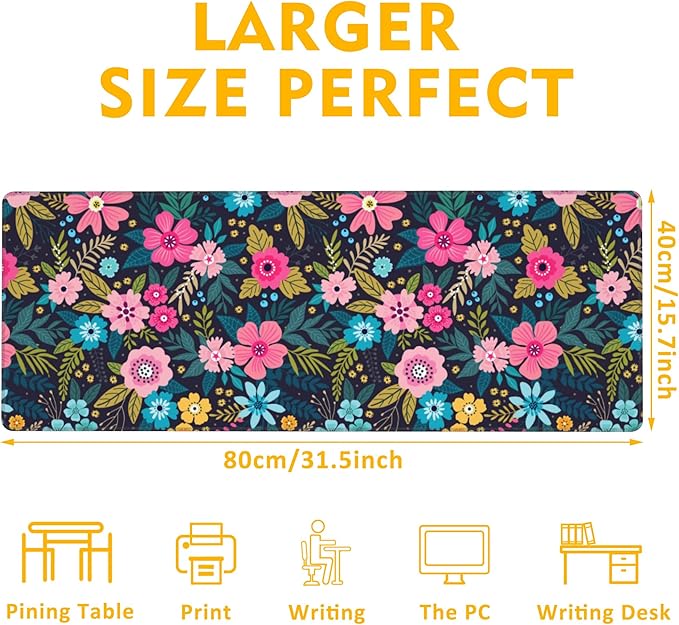 Beautiful Flowers Desk Pad, Colorful Modern Floral Gaming Mouse Pad Mat, 31.5"X15.7" Extended Gaming Mouse Pad with Stitched Edge Non-Slip Base for Office, Keyboard, Laptop