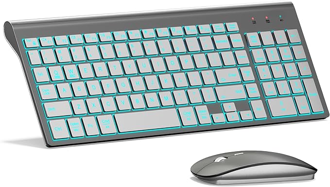 TopMate Wireless Keyboard and Mouse Ultra Slim Combo, 2.4G Silent Compact USB 2400DPI Mouse and Scissor Switch Backlit Keyboard Set, for PC/Laptop/Windows/Mac/Gaming - Gray Silver